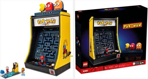 images of the Lego Pac Man Arcade Set 10323 beside the boxed set