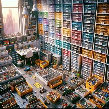 An organized LEGO storage system featuring colorful LEGO bricks sorted into bins, drawers, and shelves, all neatly labeled with smart labels or QR codes. A dedicated building area with a partially constructed LEGO set illustrates the seamless transition from storage to play, emphasizing creativity, organization, and the joy of building with LEGO.