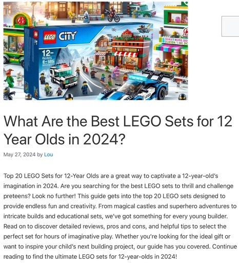 Header image from the post “What Are the Best LEGO Sets for 12 Year Olds in 2024?” at Lou’s Bricks House. The image shows a vibrant LEGO City set with various vehicles and minifigures engaging in city life, set against a colorful backdrop of buildings. The text overlay reads: “What Are the Best LEGO Sets for 12 Year Olds in 2024?” by Lou.