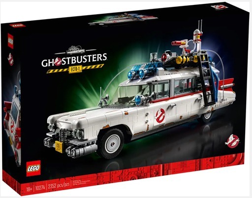 The front of the LEGO Ghostbusters Ecto-1 (10274) box, featuring an image of the completed model in a dynamic display against a dark background. The box highlights the intricate details of the model, including the ghost-hunting gadgets and the ‘No Ghosts’ logo, along with the piece count and recommended age range.