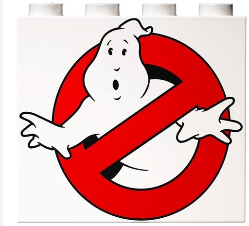 A LEGO brick featuring the iconic Ghostbusters ‘No Ghosts’ logo, with a white ghost inside a red prohibition symbol, representing the classic emblem from the Ghostbusters franchise.