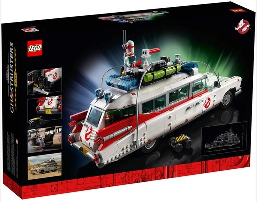 The rear of the LEGO Ghostbusters Ecto-1 (10274) box, showing various angles of the model, including the vehicle’s rear, roof gadgets, and detailed interior. Smaller images on the left provide close-ups of key features and scenes from the Ghostbusters movie.