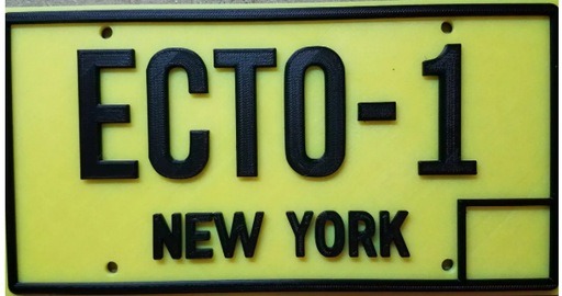 Close-up image of the Ecto-1 license plate from the Ghostbusters movie, featuring the iconic yellow plate with ‘ECTO-1’ in bold black letters and ‘NEW YORK’ written below it.