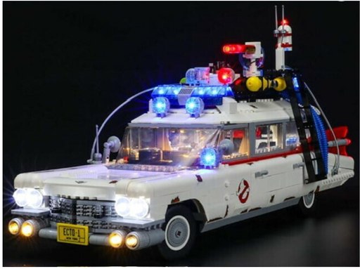 LEGO Ghostbusters Ecto-1 (10274) model illuminated with a custom LED lighting kit, showcasing the car’s detailed exterior and ghostbusting gadgets in a dark setting. The lights highlight key features like the headlights, roof-mounted equipment, and the iconic ‘No Ghosts’ logo, enhancing the overall presentation of the model.