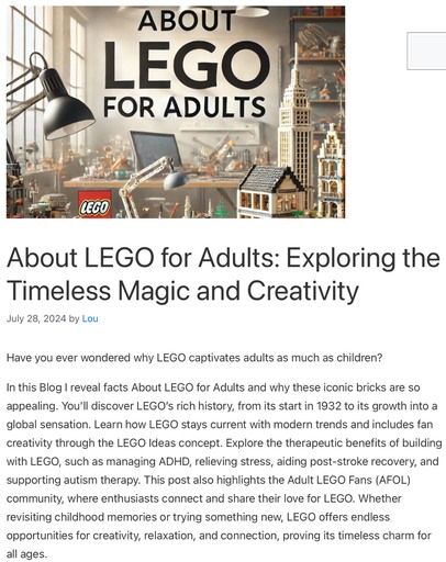 Header image from the post - About Lego for adults, at Lou’s Bricks House.