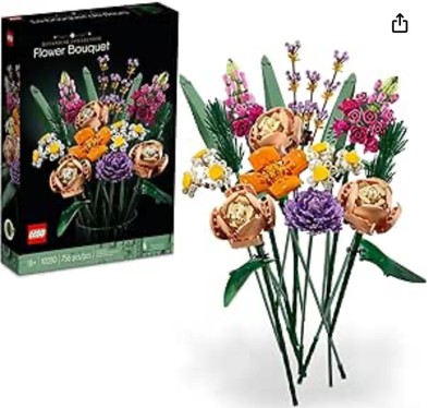 Image of the Lego Icons Flower bouquet boxed building set displayed. Link to Amazon.