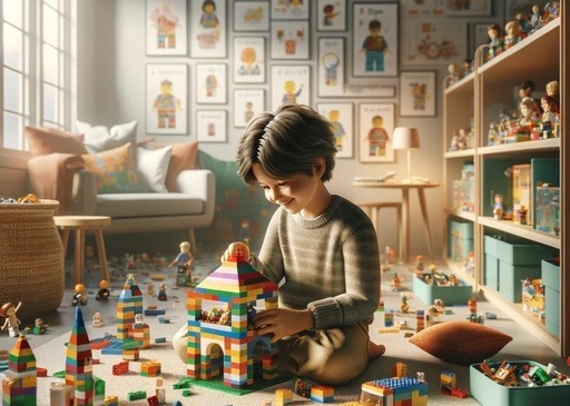 A child with autism focuses on building a colorful LEGO structure, surrounded by various LEGO sets and visual aids. The child is smiling, deeply engaged in the creative process in a calm, supportive environment that fosters fine motor skills, social interaction, and cognitive development through structured play.