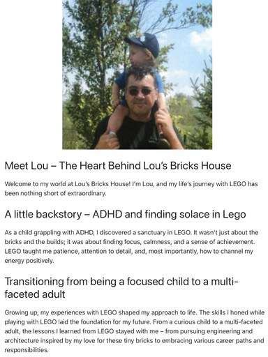 Image of the header page “ about Lou” at Lou’s Bricks House , showing the image of Lou and the first paragraph