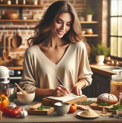 scene of a food blogger named Sarah, a culinary enthusiast. Sarah is in a cozy and stylish kitchen, trying out new recipes with various cooking ingredients and utensils around her. She is writing notes in a notepad, with a kitchen mixer in the background. The atmosphere is warm and inviting, with natural light coming through a window. Sarah is focused and happy, capturing the essence of a passionate food blogger working in a realistic and relatable environment.