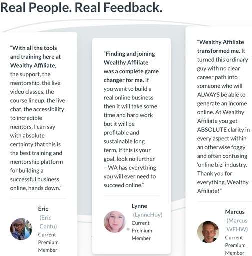 Image from the wealthy affiliates homepage that highlights real life testimonials on the wealthy affiliate platform and how it has benefited the members and their personal experiences.