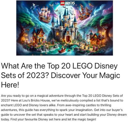 Header image of the post “ Top 20 LEGO Disney Sets - 2023 Buyers Guide” at Lou’s Bricks house.