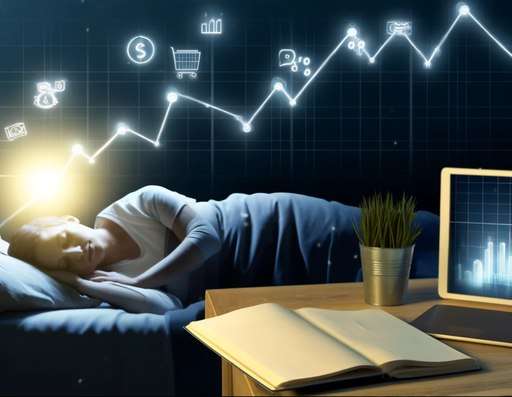 A serene bedroom scene where a person is asleep in bed, with a nearby laptop screen displaying increasing income and affiliate marketing symbols like dollar signs, charts, and shopping carts. This image illustrates the idea of earning passive income through affiliate marketing effortlessly while sleeping.