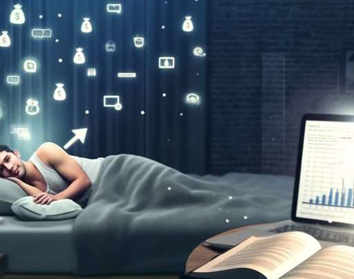 A person peacefully sleeping with a laptop beside them showing rising earnings, with icons representing affiliate marketing such as dollar signs, shopping carts, and a graph indicating growth in the background. This visual represents the concept of making money while you sleep through affiliate marketing.