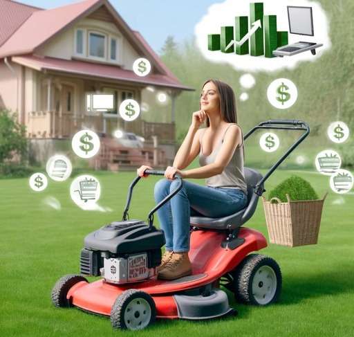 A woman rides a lawnmower in her home yard, happily cutting the grass. She has a thoughtful expression, imagining her laptop screen with rising earnings and symbols of affiliate marketing, such as dollar signs, shopping carts, and charts, floating around her head. The scene represents the concept of earning passive income through affiliate marketing while doing what she loves and making money while she sleeps.