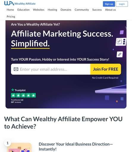 Homepage of Wealthy Affiliate, featuring a sign-up form for joining the platform, tailored for a retired person looking for part-time work to start their journey in affiliate marketing.