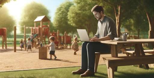 Parent working on a laptop at a playground while children play, illustrating the theme of the post: ‘How Can Stay-at-Home Parents Earn Money? A Guide to Work at Home Jobs with Affiliate Marketing.