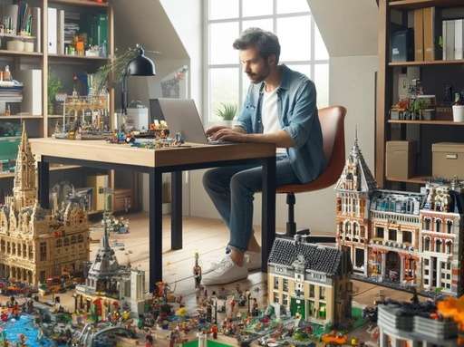 Vibrant home office setup with a diverse array of LEGO sets displaying architectural and playful themes, reflecting the fusion of passion and profession in affiliate marketing for earning extra money for retirement.