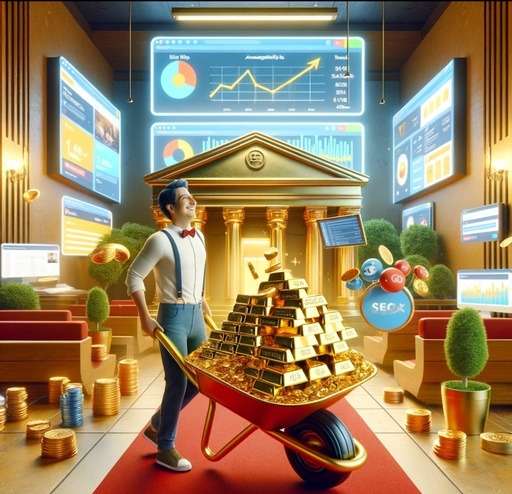 A whimsical illustration of a person pushing a wheelbarrow filled with gold bars and coins inside a bank, symbolizing the creation of a valuable digital asset. The background features digital screens displaying website analytics and SEO tools, representing the strategic development of an online presence as an investment akin to accumulating wealth.