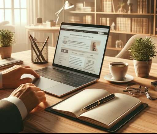 Home office setup for a retired person looking for part-time work in affiliate marketing, featuring a laptop, notebook, pen, coffee cup, and bookshelves.