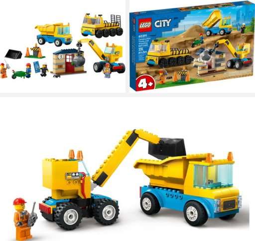 Image of LEGO City Construction Trucks and Wrecking Ball Crane Set (60391), showing vehicles, minifigures, and construction tools. Links to Amazon.