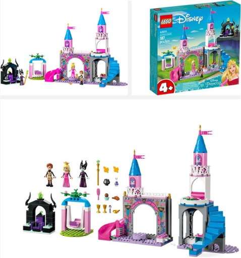 Image of LEGO Disney Aurora’s Castle Set (43211) featuring castle, characters, and accessories. Links to Amazon.