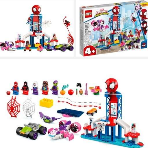 Image of LEGO Marvel Spider-Man Webquarters Hangout Set (10784) featuring tower, minifigures, and accessories. Links to Amazon.