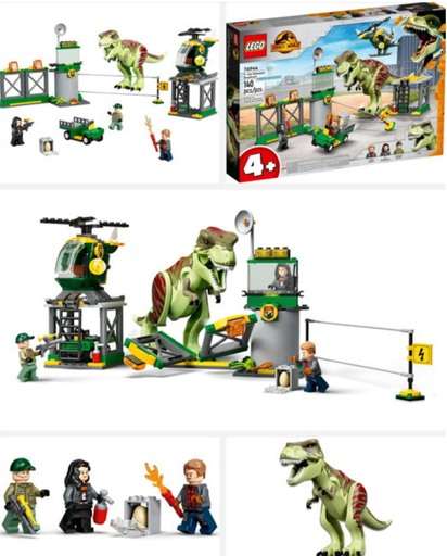 Image of LEGO Jurassic World T. Rex Dinosaur Breakout Set (76944) featuring T. rex, helicopter, and minifigures. Links to Amazon.