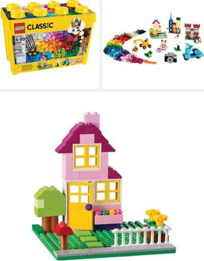 Image of LEGO Classic Large Creative Bricks Box Set (10698) featuring colorful bricks and house model. Links to Amazon.