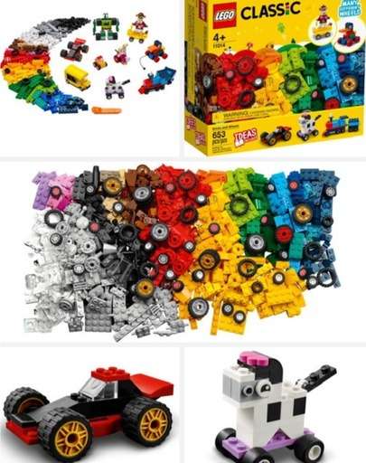 Image of LEGO Classic Bricks and Wheels Set (11014) featuring colorful bricks, vehicles, and animal builds. Links to Amazon.