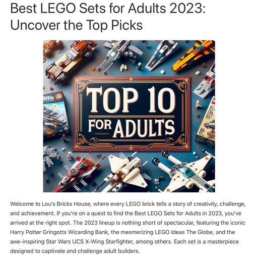 Header image from the post -best LEGO sets for adults in 2023, at Lou’s Bricks House. Link to the post.