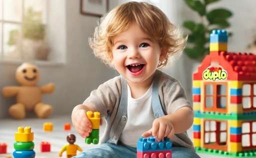 A happy toddler playing with a LEGO DUPLO set, best LEGO sets for 2 year old children.