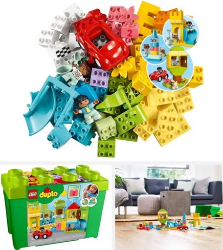 LEGO DUPLO Brick Box (10913) set featuring a vibrant mix of colorful bricks, unique elements like windows and number bricks, and figures. Includes a green storage box and a setup showcasing imaginative play in a cozy living room setting. Image links to amazon.