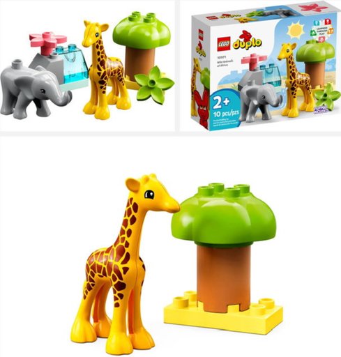 LEGO DUPLO Wild Animals of Africa (10971) set featuring a baby giraffe, a baby elephant, a tree, and vibrant accessories. Best LEGO sets for toddlers to inspire imaginative play and storytelling. Image links to Amazon marketplace.