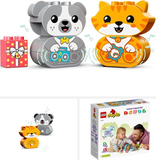 LEGO DUPLO My First Puppy and Kitten with Sound (10977).  Set featuring a puppy, kitten, and gift box with interactive sound features, perfect for toddlers. Includes vibrant and engaging pieces to promote learning and play. Image links to Amazon.