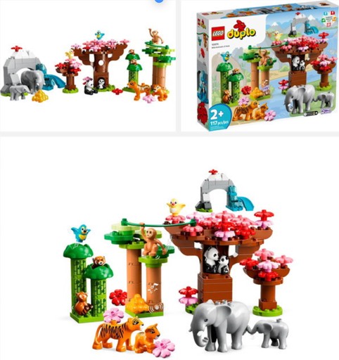 LEGO DUPLO Wild Animals of Asia (10974) set featuring various Asian animals like elephants, pandas, and tigers, along with a 3D playmat, bamboo, and cherry blossom trees. Image links to amazon for more details and purchase option.