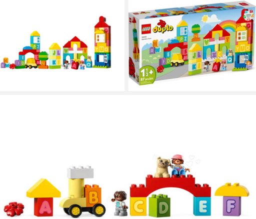 LEGO DUPLO Alphabet Town set showing colorful alphabet bricks, a movable car, and figures of a girl, boy, and pug, designed to promote early literacy and creative play for toddlers. Image links to Amazon marketplace for more details and purchasing option.