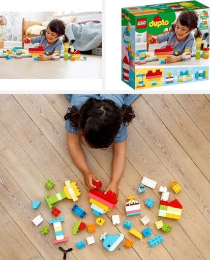 A vibrant assortment of LEGO DUPLO pieces from the Heart Box set, including colorful bricks, a whale, a duck, and a cozy house, showcasing a toddler’s imaginative playtime. Image links to Amazon.