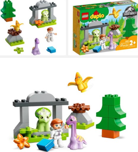 A vibrant assortment of LEGO DUPLO Jurassic World Dinosaur Nursery pieces, including baby dinosaurs, Claire Dearing figure, and various accessories. Image links to Amazon marketplace for mor details and purchase option.