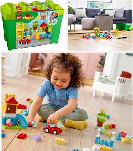 A vibrant assortment of LEGO DUPLO pieces from the Deluxe Brick Box set, including colorful bricks, a toy car, and a cozy house, showcasing a toddler’s imaginative playtime. Best Lego Sets For Toddlers.