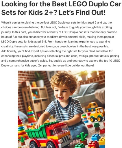 Header image from the post -LEGO Duplo Car Sets For Kids 2+, Top 10 – Buyers Guide, at Lou’s Bricks House. Image links to the full article.