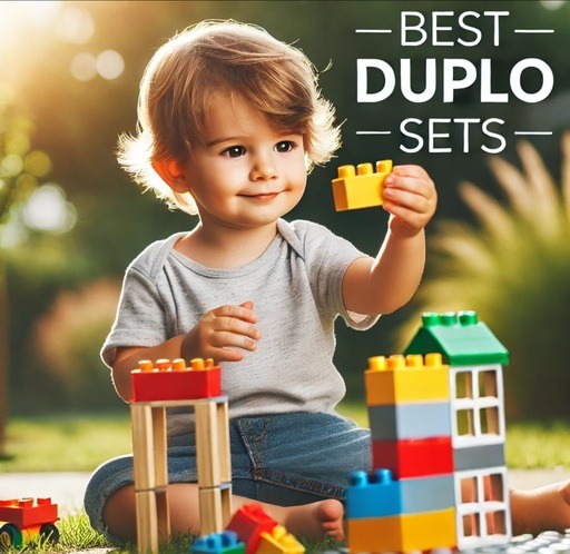 18-month-old toddler playing with Duplo toy in an outdoor setting - Best Duplo sets.