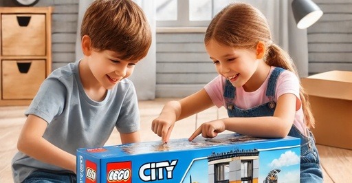 Two children playing together with the LEGO City Police Station Chase set on a floor mat, smiling and engaged in the activity. Best LEGO Sets for Kids.
