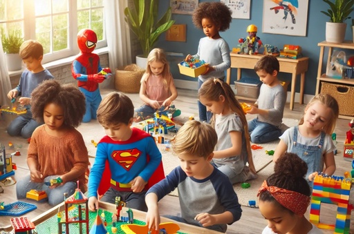 Children playing with LEGO sets in a bright and colorful playroom. Various LEGO sets are displayed, including superheroes, construction, science, and arts themes. The image reflects inclusivity and creativity.