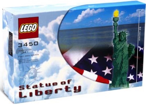 LEGO 3450 Sculpture Statue of Liberty box showing the front view with the statue and American flag background.