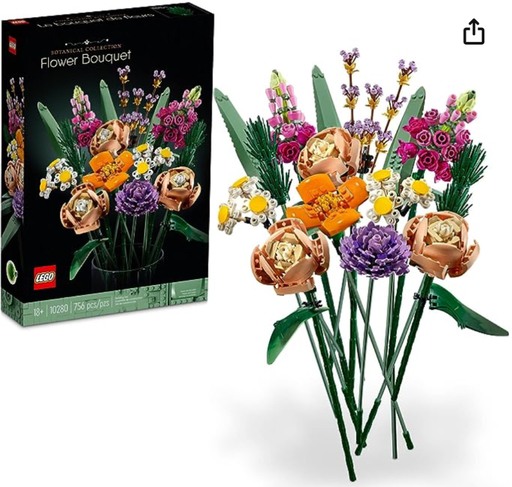 LEGO Icons Flower Bouquet 10280 set showing a beautiful arrangement of artificial flowers with realistic petals and stems.