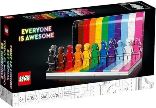 LEGO Icons Everyone is Awesome Building Set 40516, featuring 11 monochrome minifigures against a rainbow backdrop celebrating diversity and inclusivity.