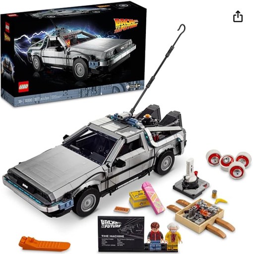 LEGO Icons Back to the Future Time Machine 10300 set showcasing the DeLorean with various accessories and features from the iconic movie trilogy.