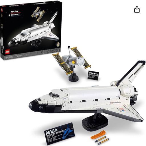  LEGO Icons NASA Space Shuttle Discovery 10283 set showing a detailed model of the shuttle and Hubble Space Telescope, perfect for space enthusiasts and collectors.