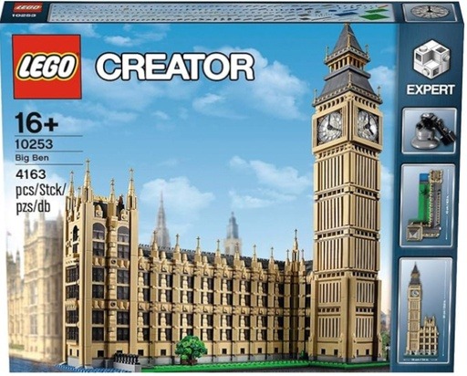 LEGO Creator Expert Big Ben 10253 Boxed set, showcasing a detailed model of the iconic London clock tower and the adjacent Parliament building wing.