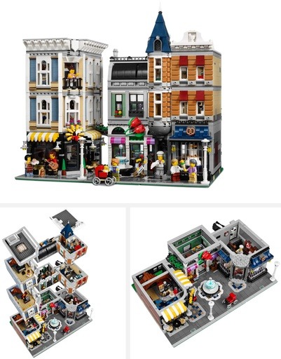 LEGO Creator Expert Assembly Square 10255 set depicting a lively city block with diverse shops, minifigures, and intricate architectural details.